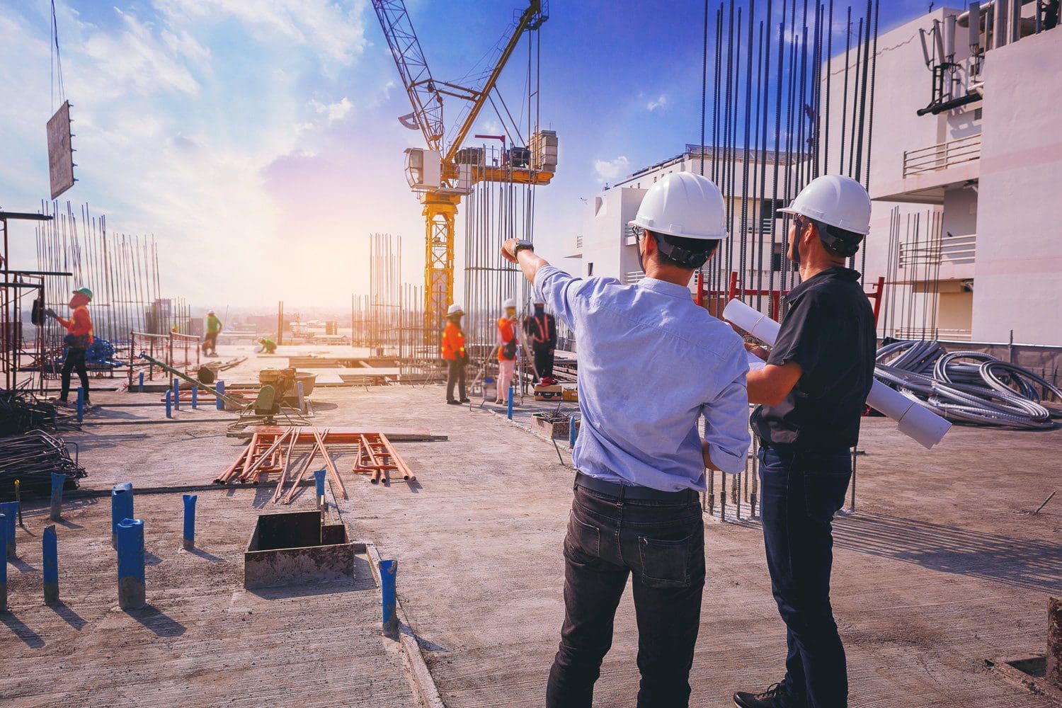 2 engineers wearing white hard hats stood on a construction site, holding plants and inspecting the progress