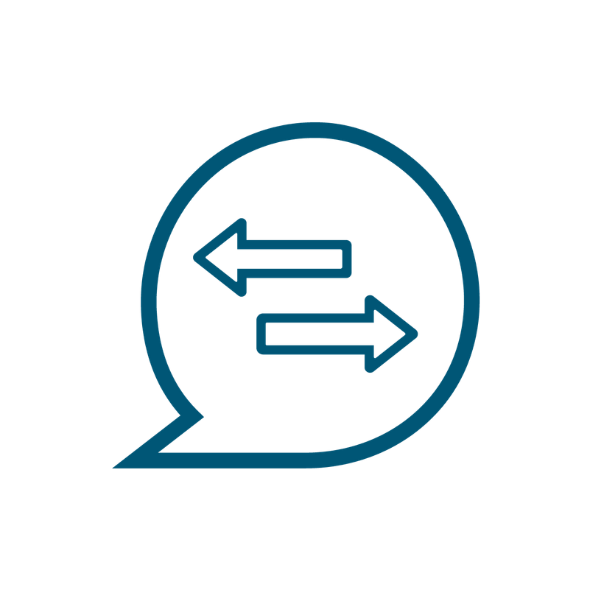 Speech bubble outline with two arrows pointing in opposite directions inside.
