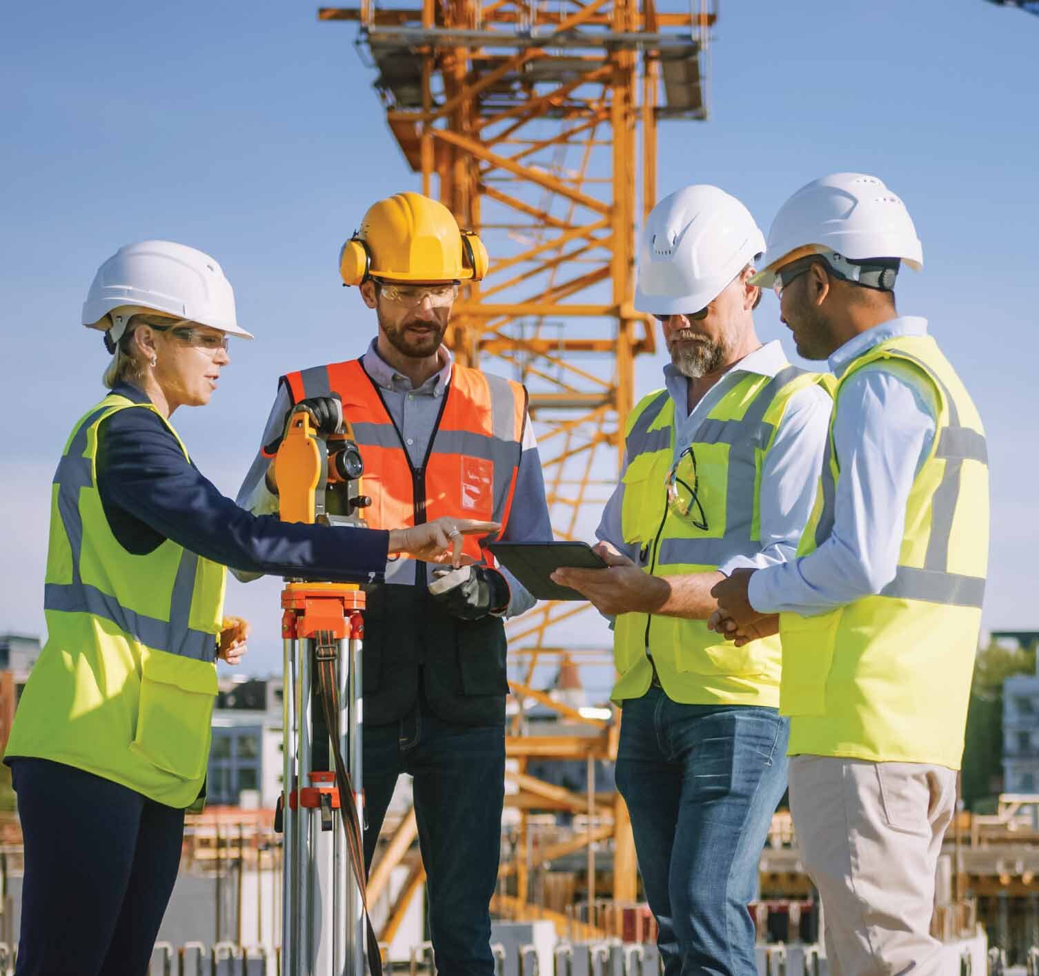 Four people in safety helmets and vests reviewing equipment and a tablet on a construction site.