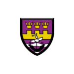 Shield crest with three crowns at top and a central emblem on a purple and gold background.