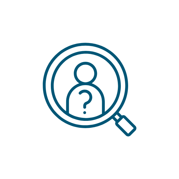 Icon of a person with a question mark inside a magnifying glass, representing search or enquiry.