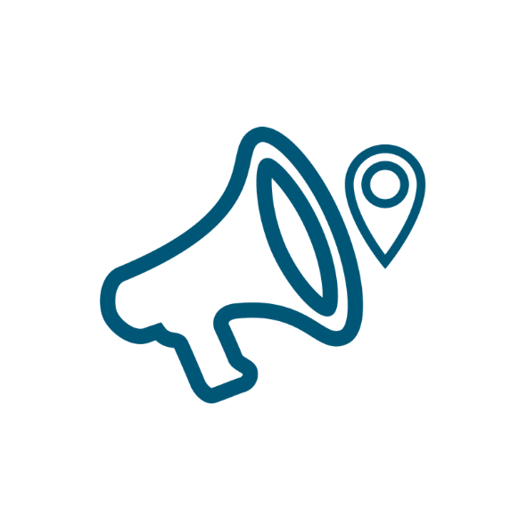 Megaphone with a location pin symbol indicating location‑based communication.