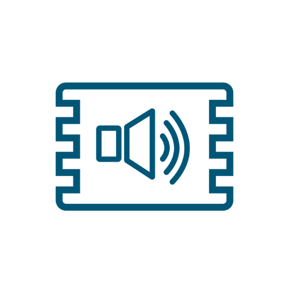 Speaker with sound waves displayed on a rectangular screen symbol.