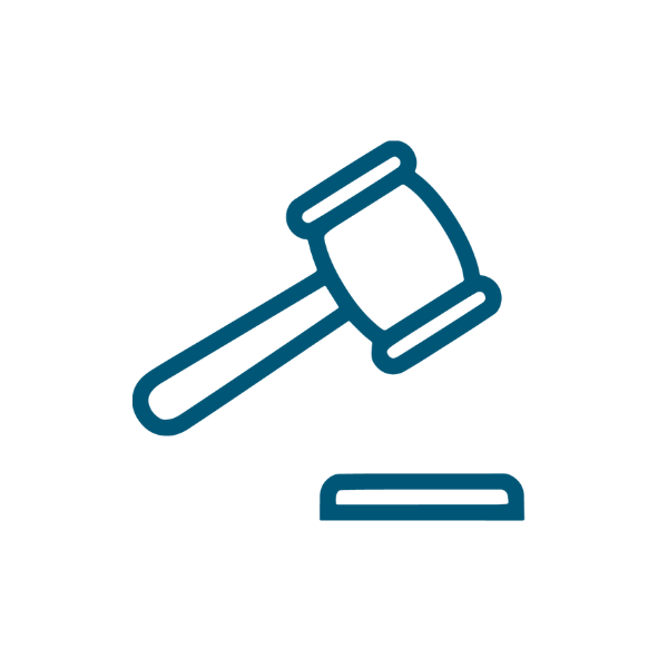 Outline of a judge’s gavel striking a block symbol.