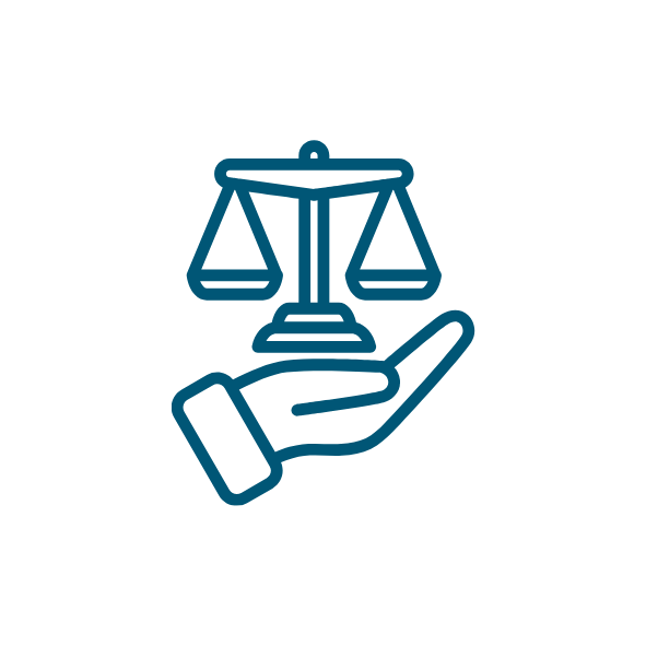 Icon of scales balanced above a hand, representing justice and fairness.