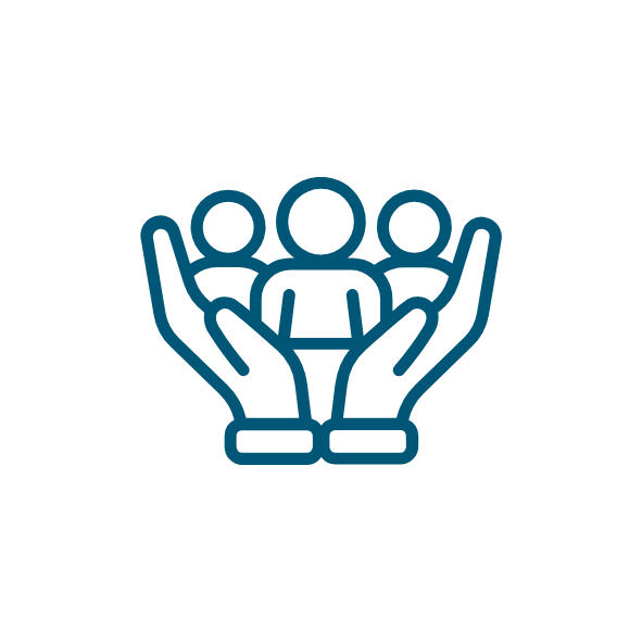Icon of a group held in two hands, representing care and inclusion.