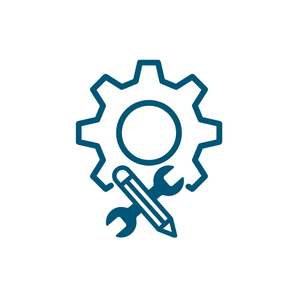 Icon of a gear with a wrench and pencil crossed, representing tools and maintenance.