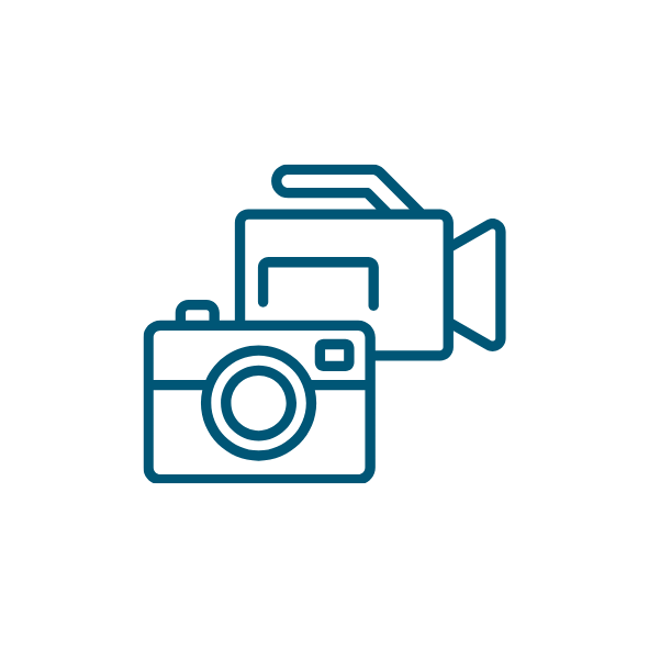 Icon showing a camera and video recorder, representing media and content creation.