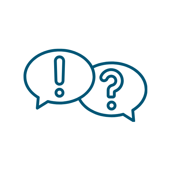 Icon of two speech bubbles, one with an exclamation mark and one with a question mark.