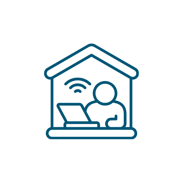 Icon of a person using a laptop inside a house outline, indicating remote or home working.