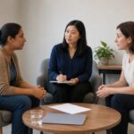 Three people sit together discussing documents, with one person taking notes.