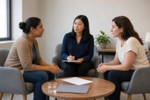 Three people sit together discussing documents, with one person taking notes.