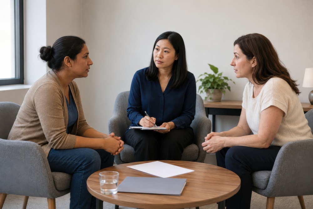 Three people sit together discussing documents, with one person taking notes.